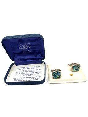 Vintage Ariki Palladium Plate Paua Shell Cufflinks In Original Box A576